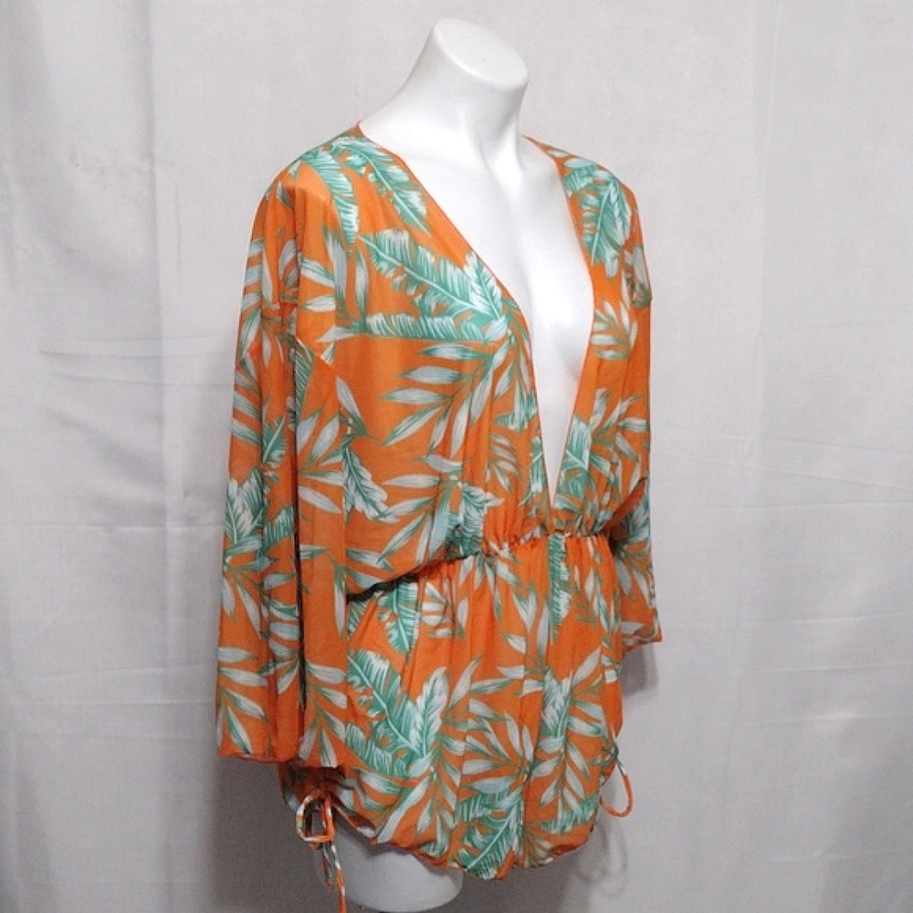 Sheer Tropical Cover Up Romper Plunge V Neck Cinched Waist Beach Resort XL - Picture 8 of 14
